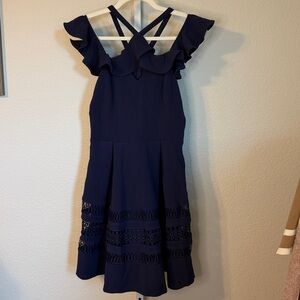 Francesca's Navy Blue Ruffle‎ Criss Cross Strap Midi Dress Size M